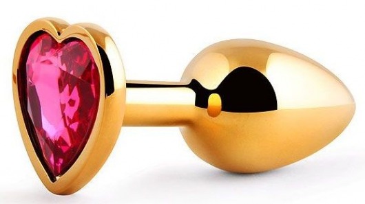 Золотистая анальная пробка с малиновым кристаллом-сердечком - 7 см. - Anal Jewelry Plug - купить с доставкой в Волгограде