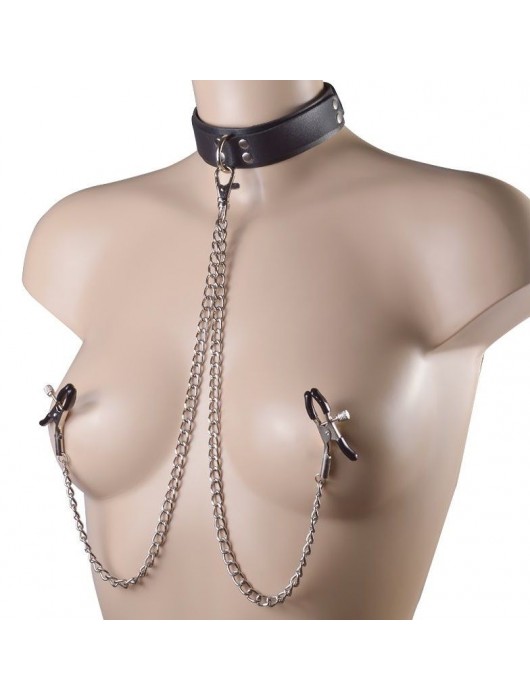 Черный ошейник с металлическими зажимами на соски и поводком - Sitabella - купить с доставкой в Волгограде