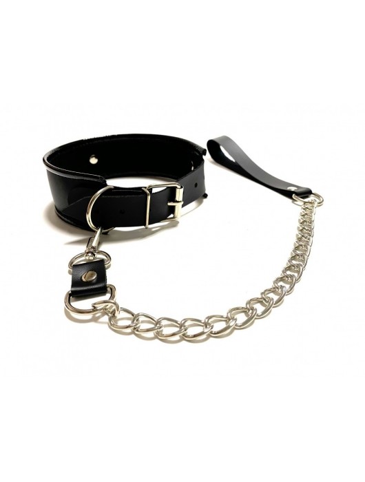 Черный ошейник с поводком из эко-кожи - БДСМ Арсенал - купить с доставкой в Волгограде