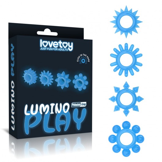 Набор из 4 голубых, светящихся в темноте эрекционных колец Lumino Play - Lovetoy - в Волгограде купить с доставкой