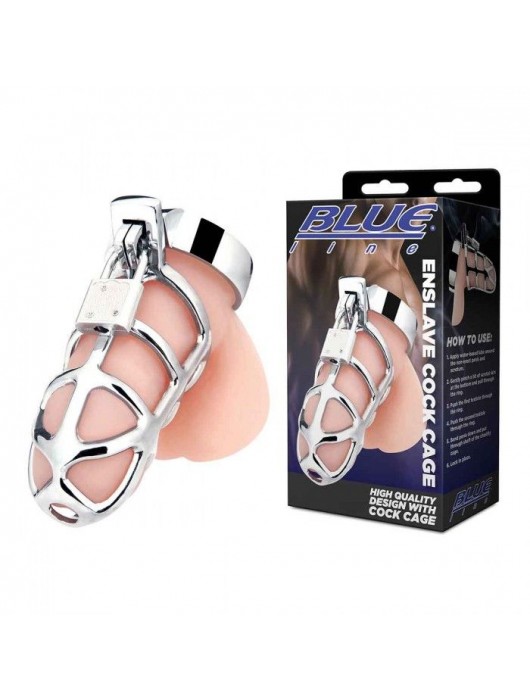 Серебристая металлическая клетка для члена с замком Enslave Cock Cage - BlueLine - купить с доставкой в Волгограде