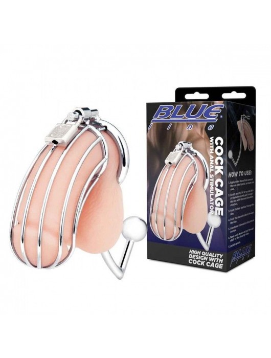 Серебристая металлическая клетка с анальным стимулятором Cock Cage - BlueLine - купить с доставкой в Волгограде