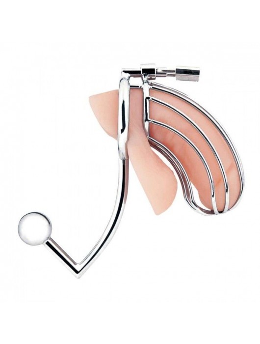 Серебристая металлическая клетка с анальным стимулятором Cock Cage - BlueLine - купить с доставкой в Волгограде