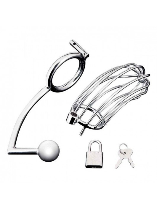 Серебристая металлическая клетка с анальным стимулятором Cock Cage - BlueLine - купить с доставкой в Волгограде