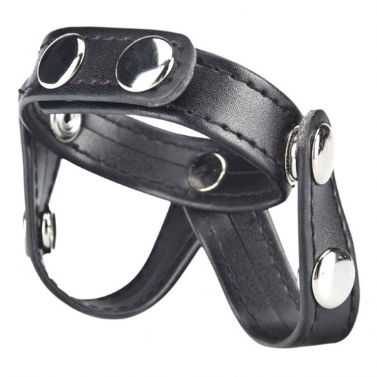 Кольцо на пенис с разделителем мошонки из искусственной кожи на клепках V-STYLE COCK RING - BlueLine - в Волгограде купить с доставкой