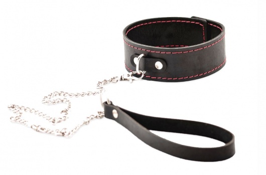 Черный широкий ошейник с красной строчкой и поводком - Crazy Handmade - купить с доставкой в Волгограде