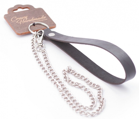 Серебристый металлический поводок с кожаной черной ручкой - 80 см. - Crazy Handmade - купить с доставкой в Волгограде
