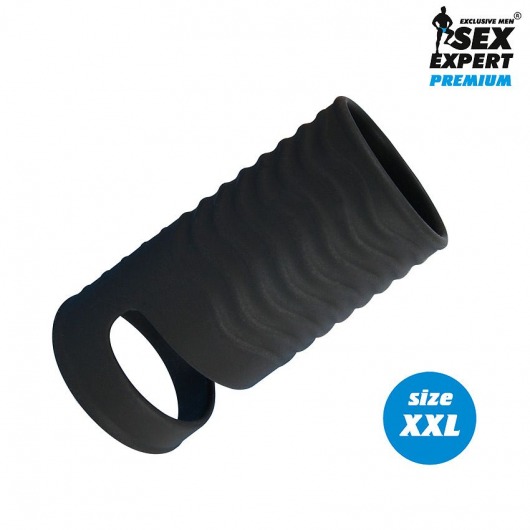 Черная открытая насадка на пенис с кольцом для мошонки XXL-size - 9,4 см. - Sex Expert - в Волгограде купить с доставкой