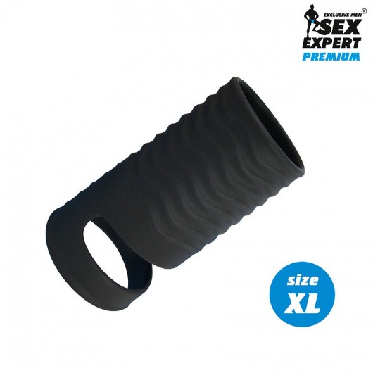 Черная открытая насадка на пенис с кольцом для мошонки XL-size - 8,9 см. - Sex Expert - в Волгограде купить с доставкой