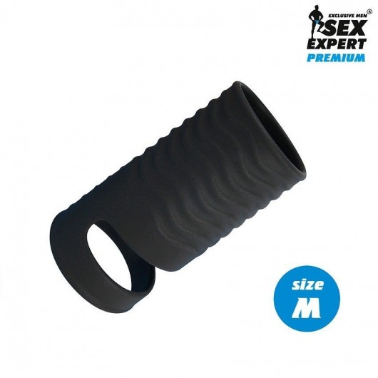 Черная открытая насадка на пенис с кольцом для мошонки size M - 7,9 см. - Sex Expert - в Волгограде купить с доставкой