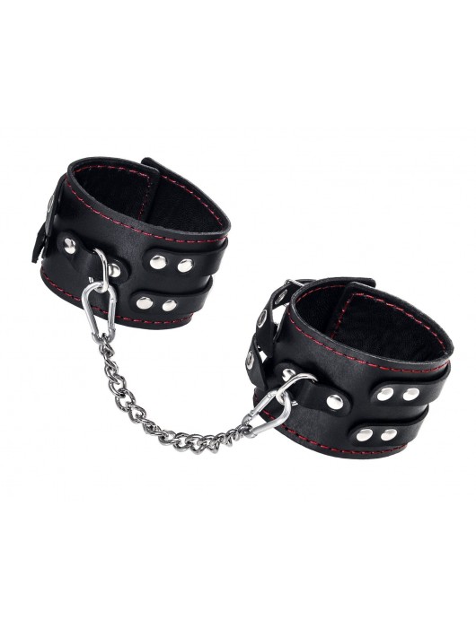 Черные кожаные оковы с двумя ремнями и контрастной строчкой - Pecado - купить с доставкой в Волгограде