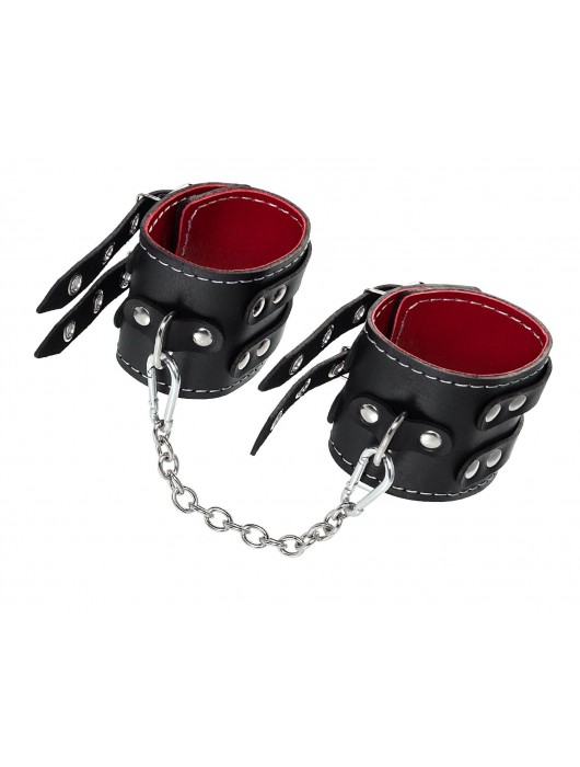 Черные кожаные оковы с двумя ремнями и красной подкладкой - Pecado - купить с доставкой в Волгограде