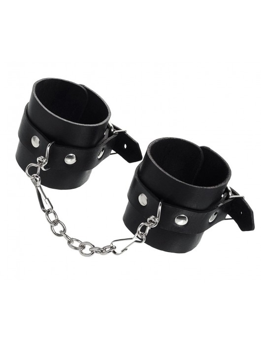 Черные однослойные наручники из натуральной кожи с цепочкой - Pecado - купить с доставкой в Волгограде