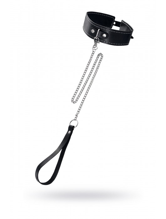 Кожаный двухслойный ошейник с белой строчкой и поводком - Pecado - купить с доставкой в Волгограде