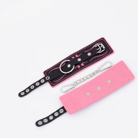 Черно-розовые кожаные наручники с розовой строчкой - Crazy Handmade - купить с доставкой в Волгограде
