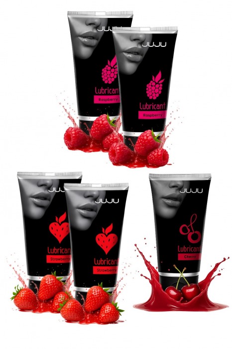 Набор из 5 съедобных лубрикантов JUJU (клубника х 2, малина х 2, вишня) - JuJu - купить с доставкой в Волгограде