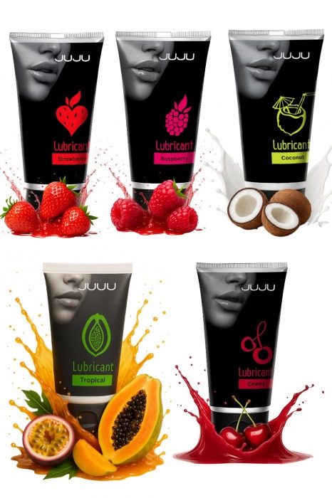 Набор из 5 съедобных лубрикантов JUJU (клубника, малина, тропические фрукты, вишня, кокос) - JuJu - купить с доставкой в Волгограде