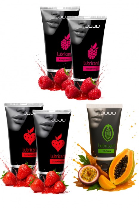 Набор из 5 съедобных лубрикантов JUJU (клубника х 2, малина х 2, тропические фрукты) - JuJu - купить с доставкой в Волгограде