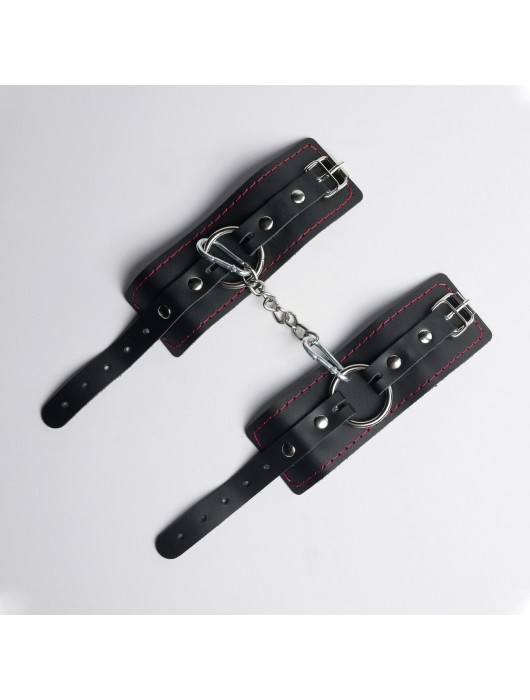 Черные кожаные наручники с красной строчкой - Crazy Handmade - купить с доставкой в Волгограде