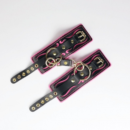 Черные кожаные наручники с розовой строчкой - Crazy Handmade - купить с доставкой в Волгограде