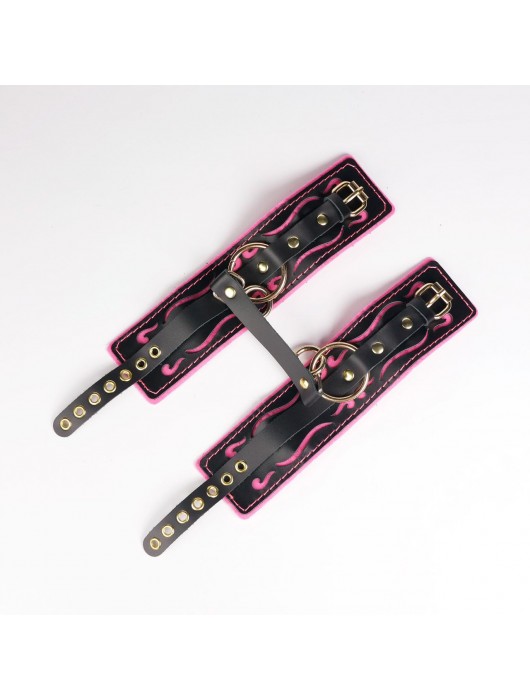 Черные кожаные оковы с розовой строчкой - Crazy Handmade - купить с доставкой в Волгограде