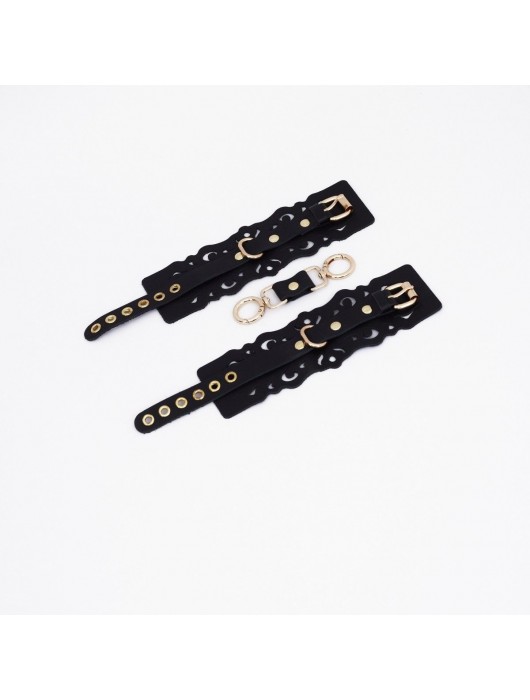 Черные кожаные наручники с узорами и золотистой фурнитурой - Crazy Handmade - купить с доставкой в Волгограде
