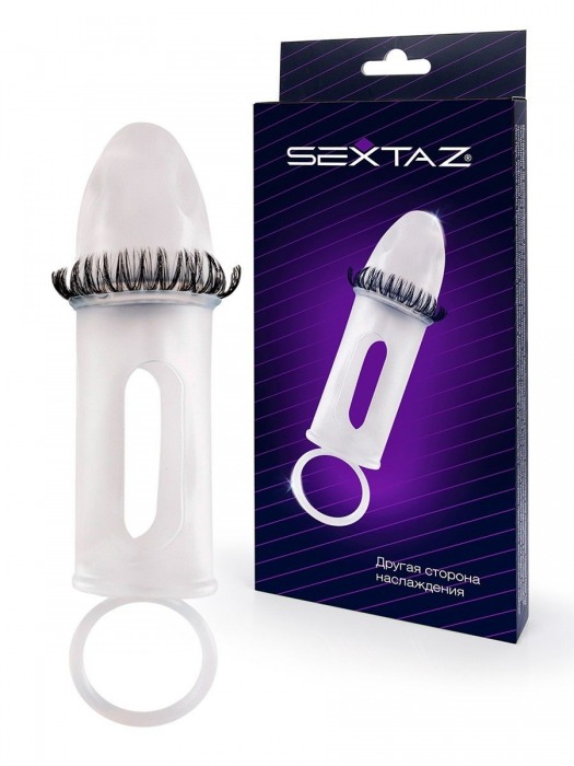 Закрытая насадка на пенис с подхватом мошонки и стимулирующими «ресничками» - Sextaz - в Волгограде купить с доставкой