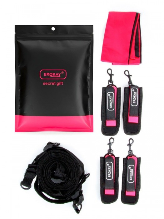 Черно-розовый эротический набор: фиксатор, оковы, наручники, повязка - Erokay - купить с доставкой в Волгограде