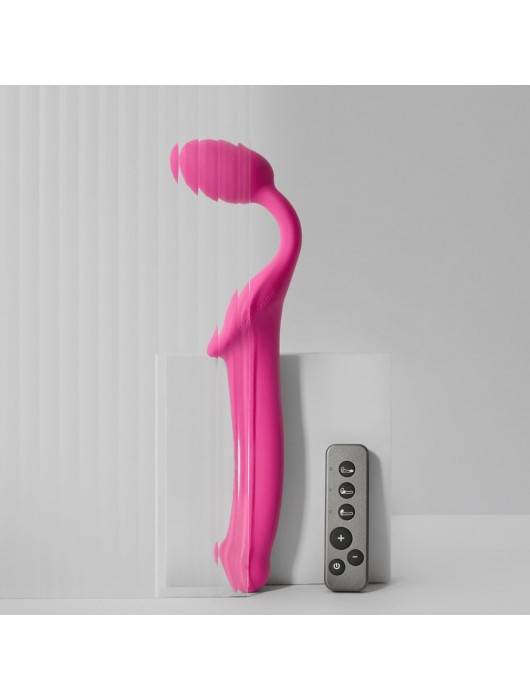 Ярко-розовый безремневой страпон Strap-on-me Vibrating Bendable Strap-On size M - Strap-on-me - купить с доставкой в Волгограде