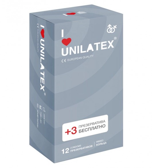 Презервативы с рёбрами Unilatex Ribbed - 12 шт. + 3 шт. в подарок - Unilatex - купить с доставкой в Волгограде