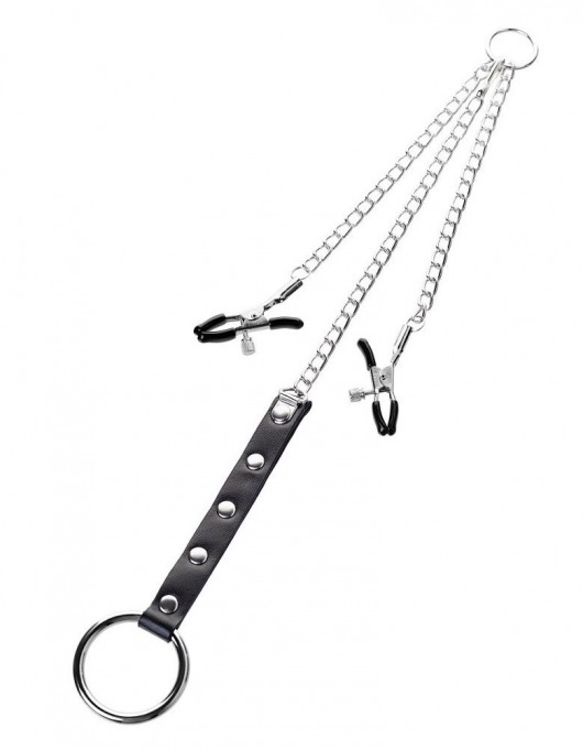 Серебристо-чёрные зажимы для сосков с кольцом для пениса TOYFA Metal - ToyFa - купить с доставкой в Волгограде